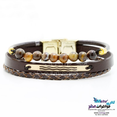 دستبند طلا و چرم - طرح موج