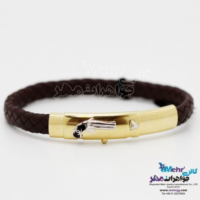 دستبند طلا و چرم - طرح هفت تیر