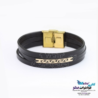 دستبند طلا و چرم - طرح هندسی