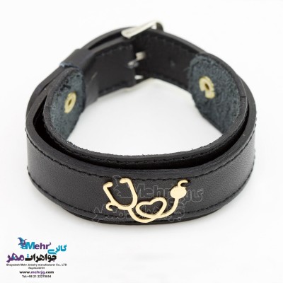 دستبند طلا و چرم - طرح گوشی پزشکی