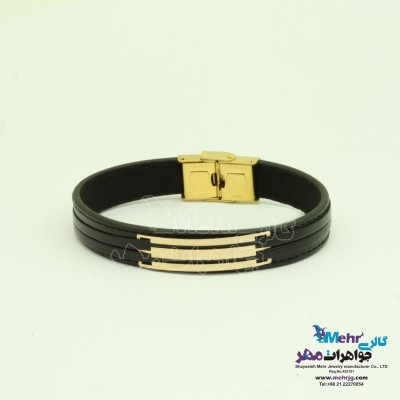دستبند طلا و چرم - طرح خطوط موازی