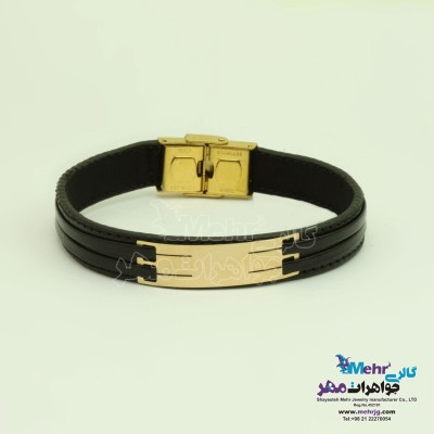 دستبند طلا و چرم - طرح خطوط موازی