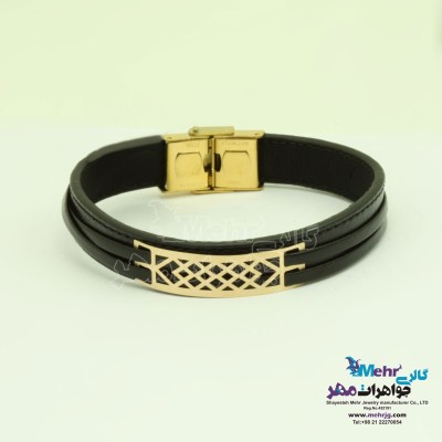 دستبند طلا و چرم - طرح هندسی
