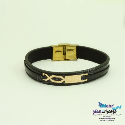 دستبند طلا و چرم - طرح هندسی