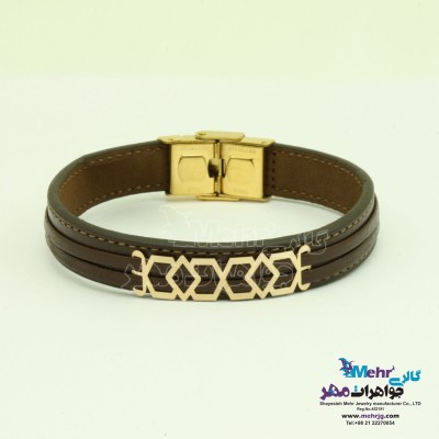 دستبند طلا و چرم - طرح هندسی
