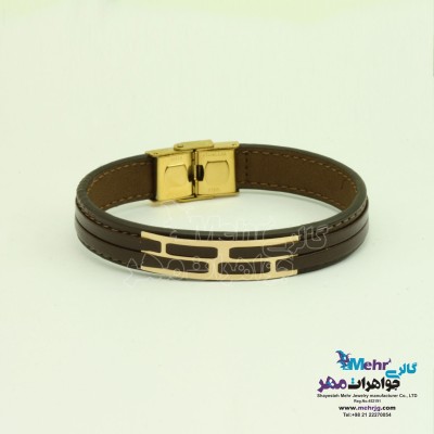 دستبند طلا و چرم - طرح خطوط موازی