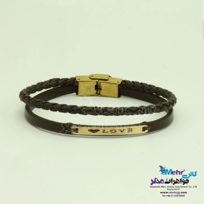 دستبند طلا و چرم - طرح LOVE