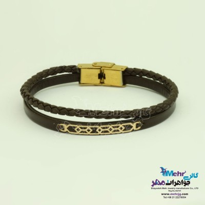 دستبند طلا و چرم - طرح هندسی