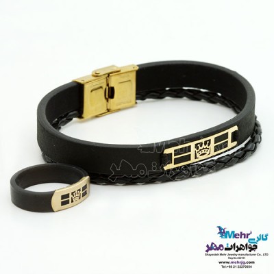 نمای دوم نیم ست دستبند و انگشتر طلا و چرم - طرح تاج رولکس