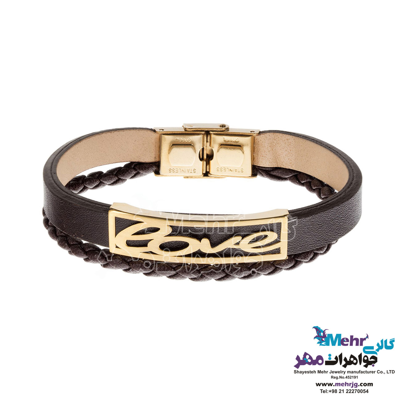 دستبند طلا و چرم - طرح عشق