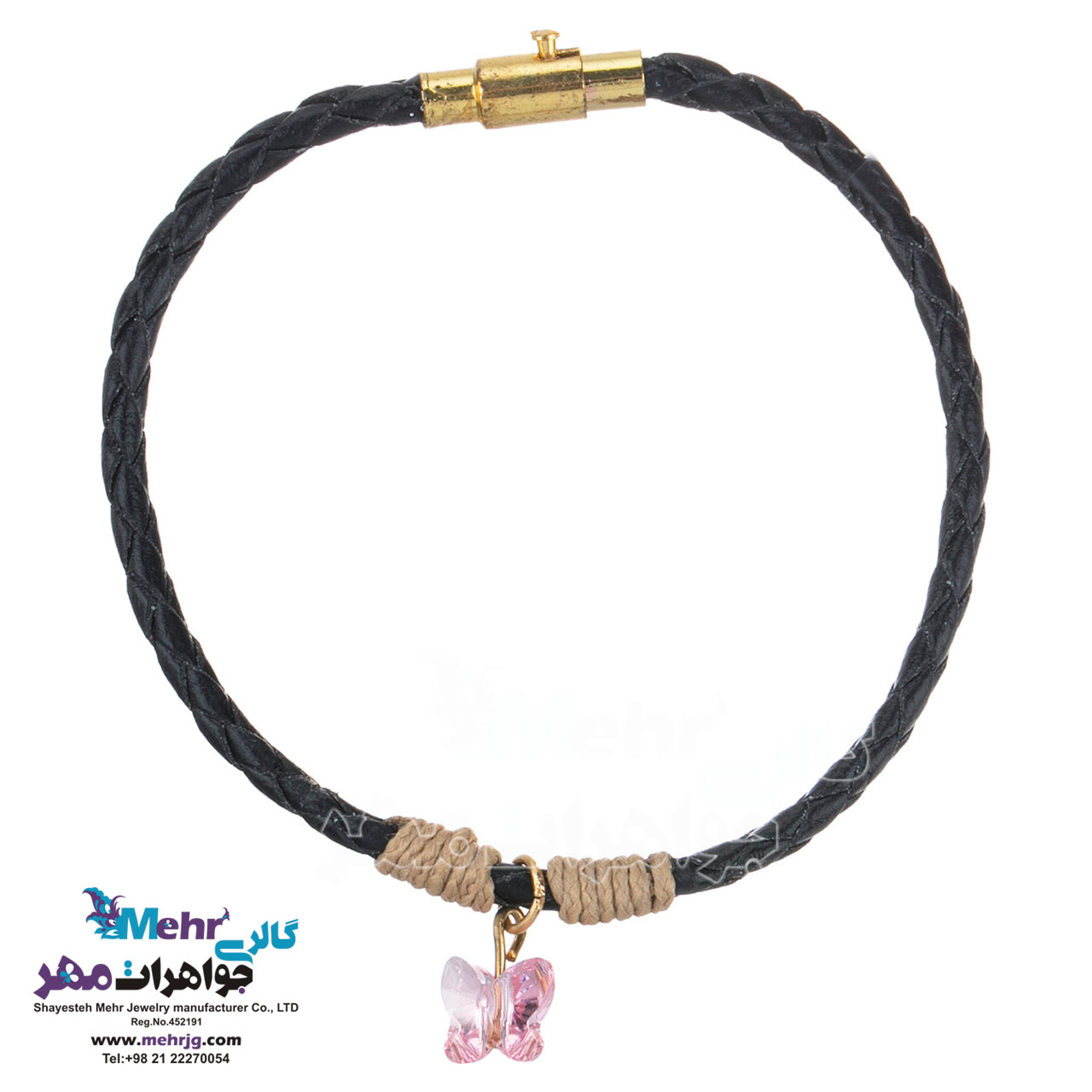 دستبند طلا و چرم - سنگ سواروسکی پروانه