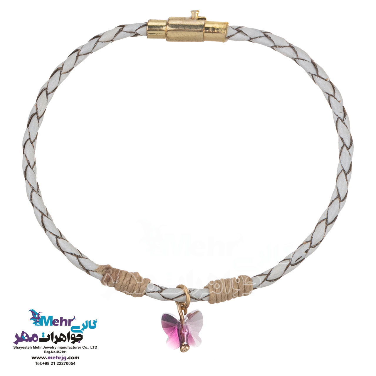 دستبند طلا و چرم - سنگ سواروسکی پروانه