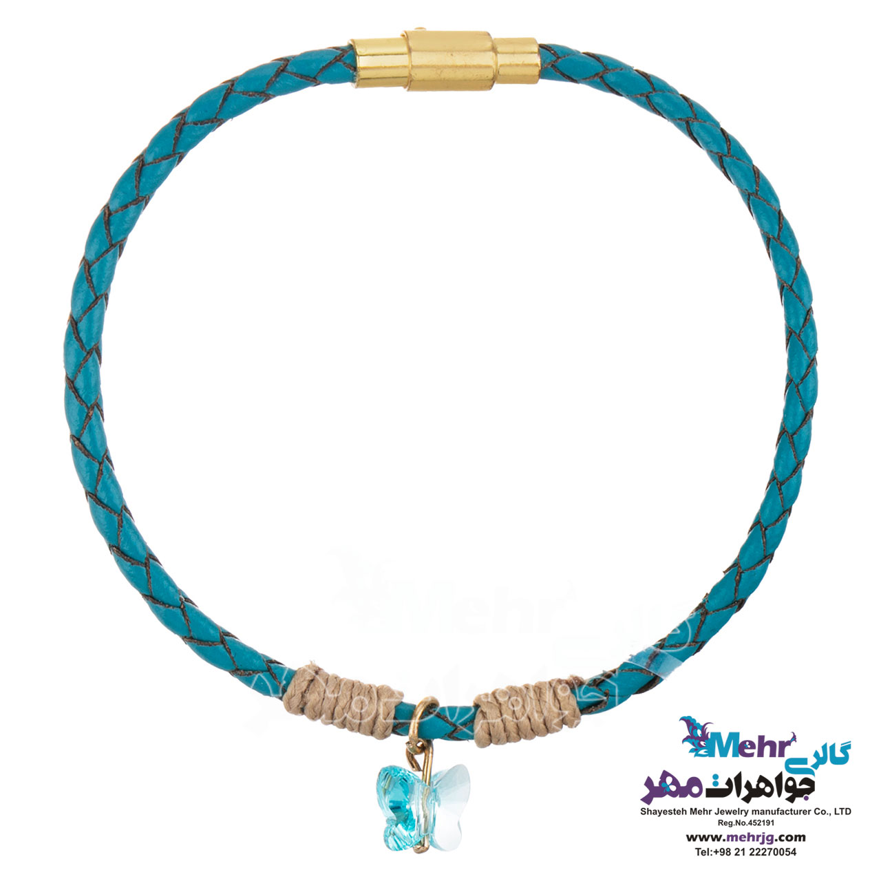 دستبند طلا و چرم - سنگ سواروسکی پروانه