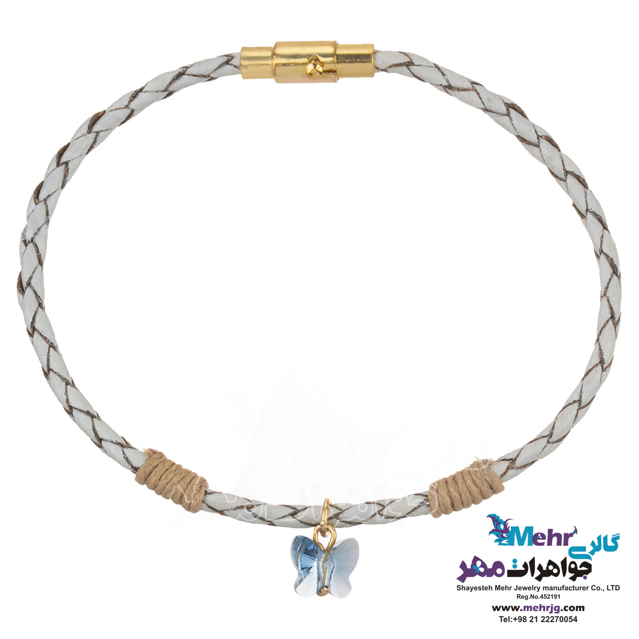 دستبند طلا و چرم - سنگ سواروسکی پروانه