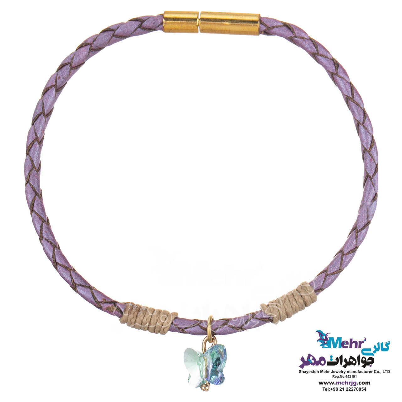 دستبند طلا و چرم - سنگ سواروسکی پروانه