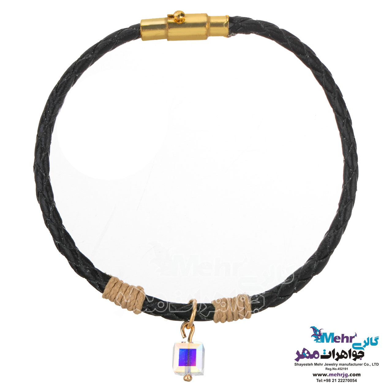 دستبند طلا و چرم - سنگ سواروسکی مکعب