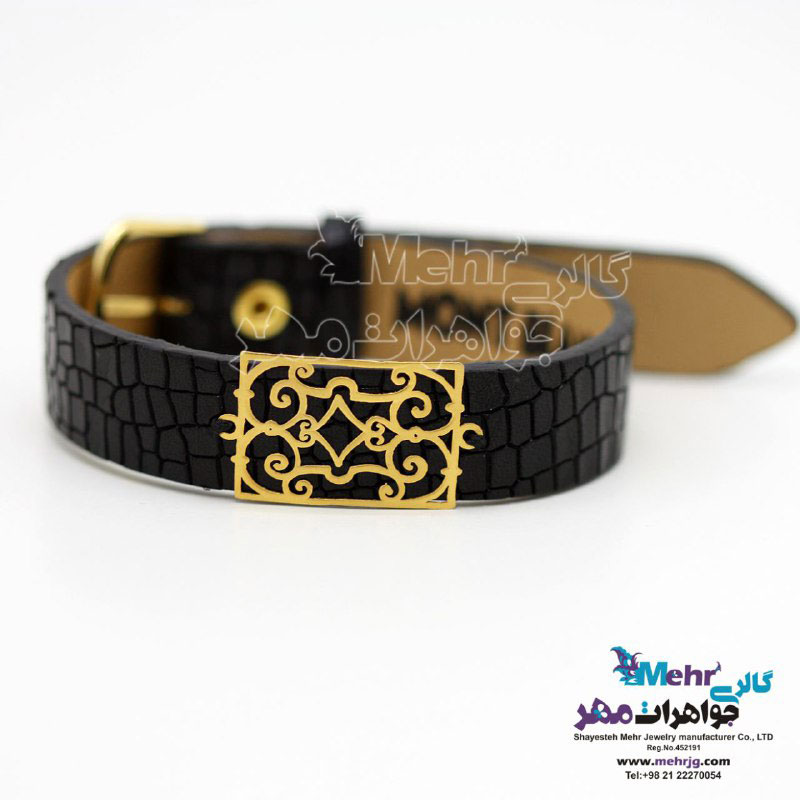 دستبند طلا و چرم - طرح اسلیمی