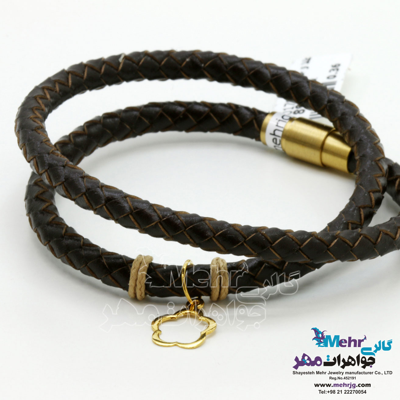 دستبند طلا و چرم - طرح گل پنج برگ