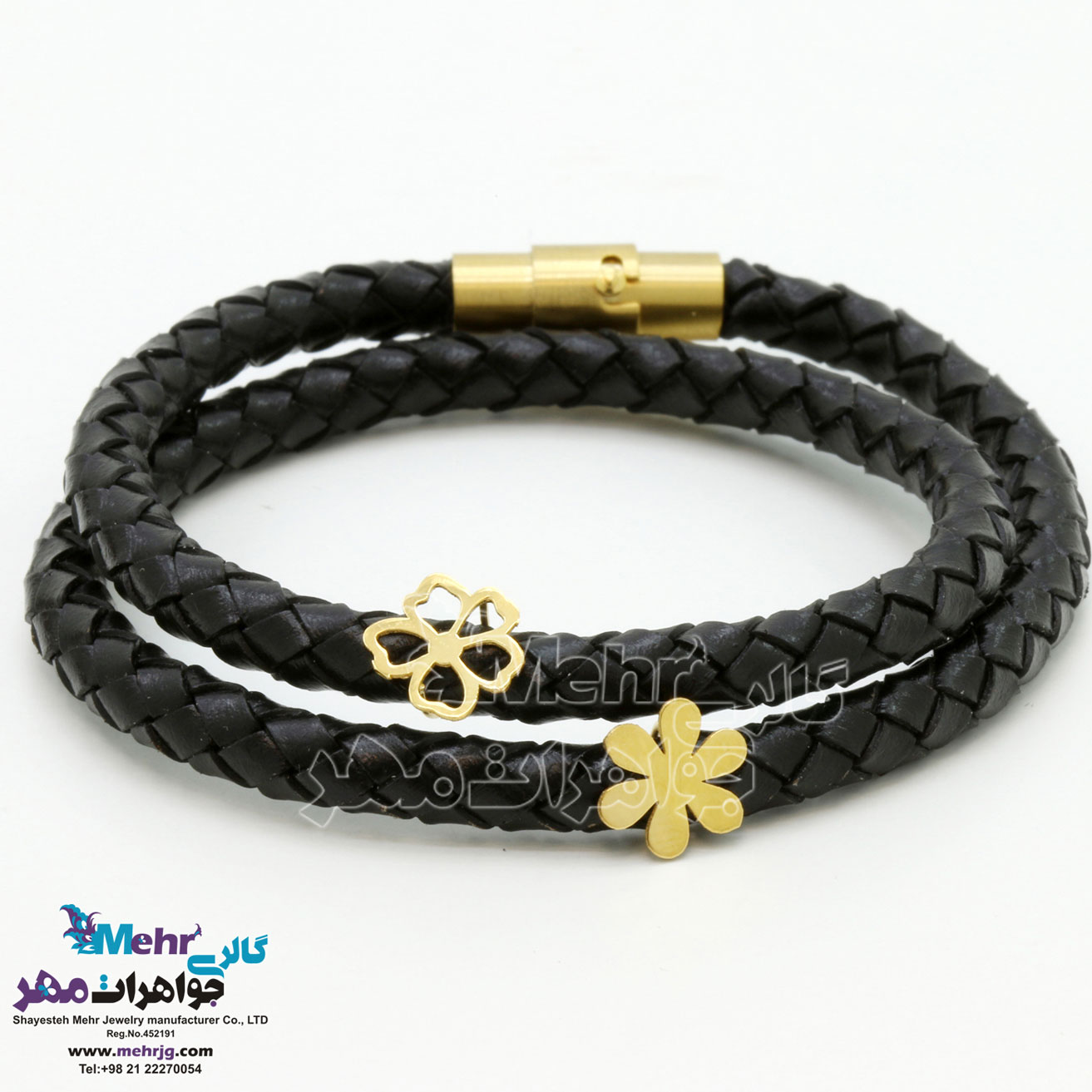 دستبند طلا و چرم - طرح گل یاسمن