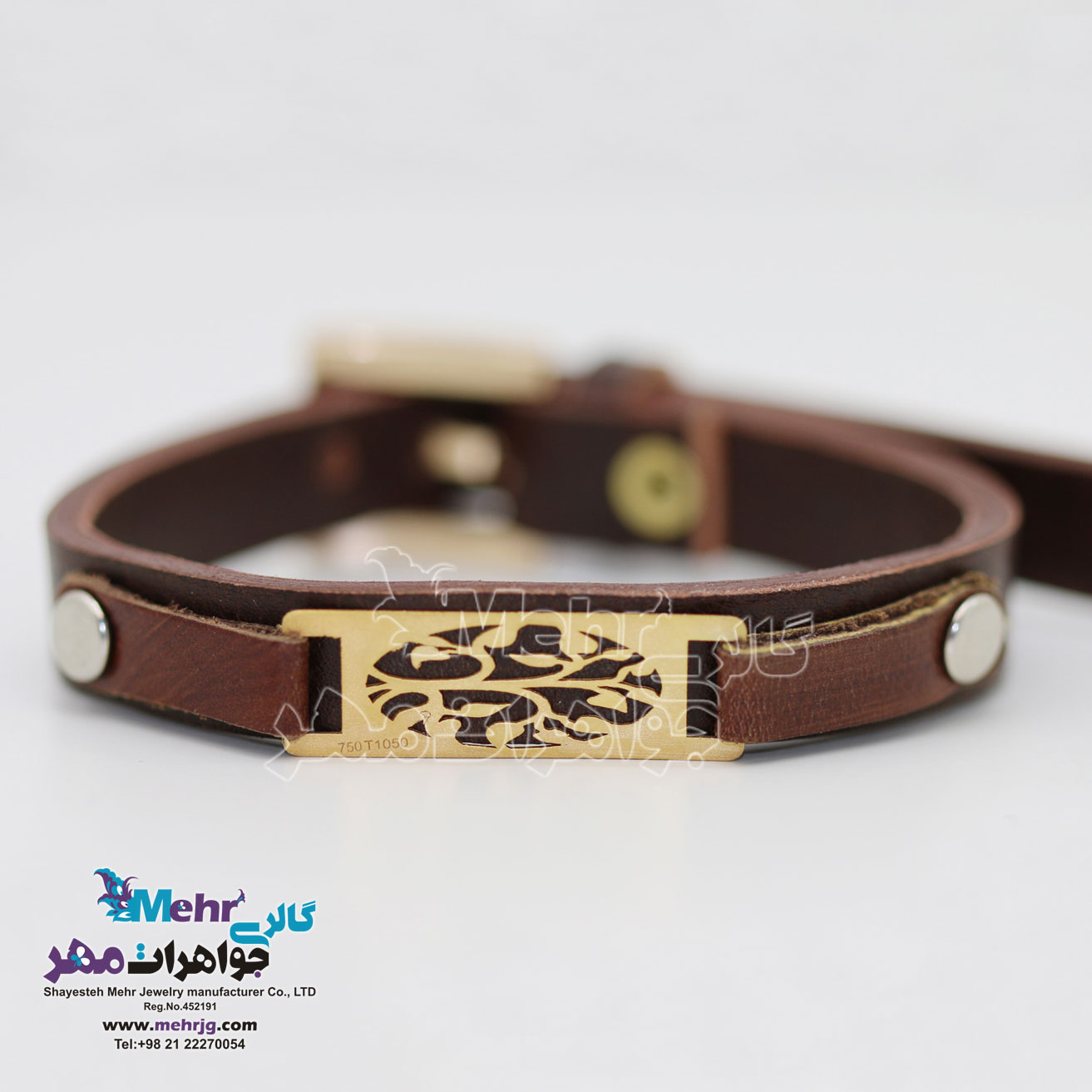 دستبند طلا و چرم - طرح شاخه و برگ