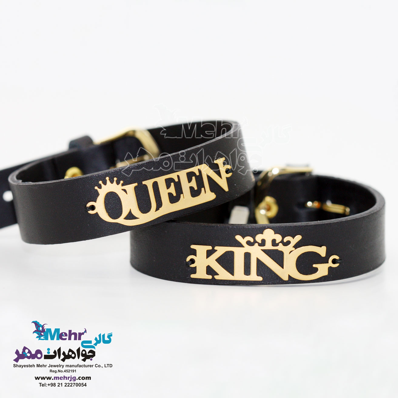 دستبند طلا و چرم - طرح کینگ و کویین