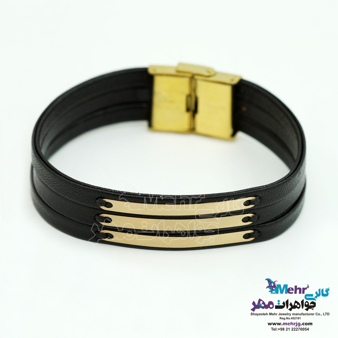 دستبند طلا و چرم - طرح خطوط موازی