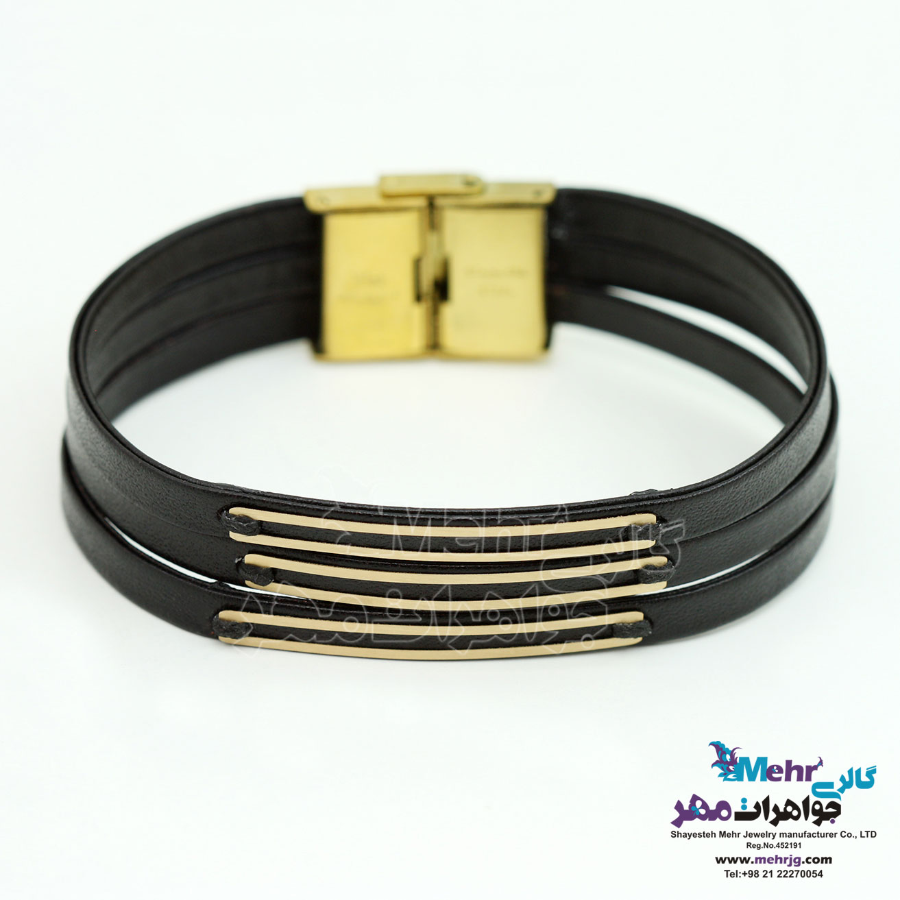 دستبند طلا و چرم - طرح خطوط موازی