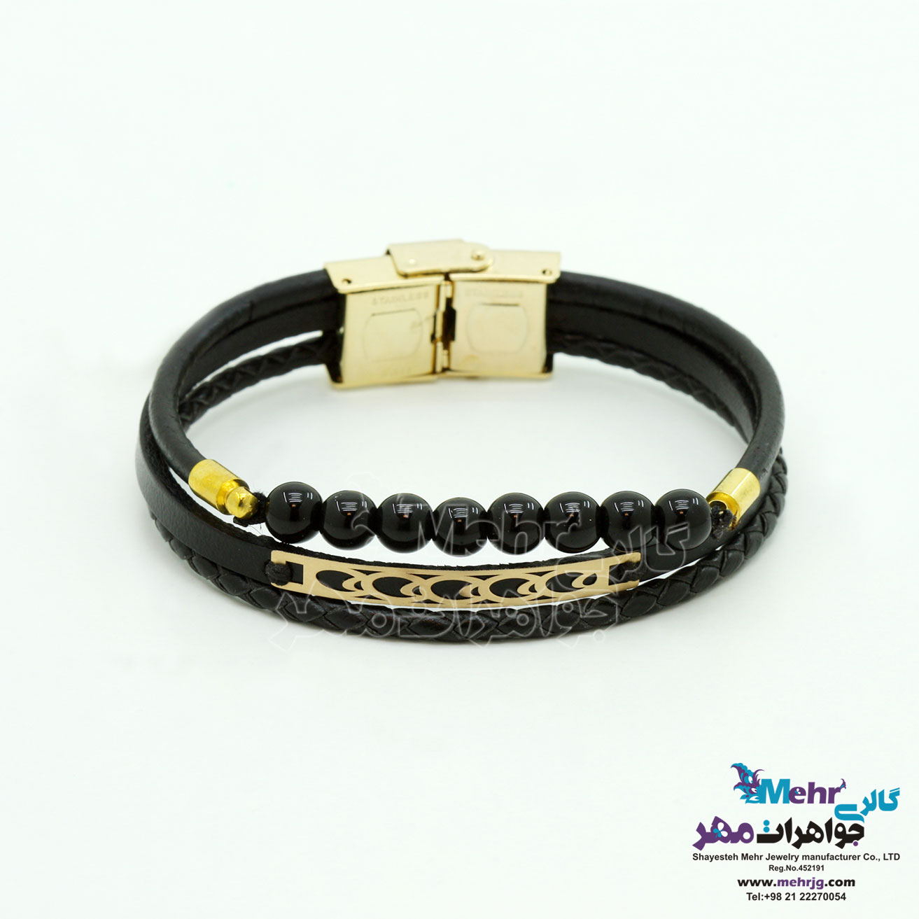 دستبند طلا و چرم - طرح هندسی