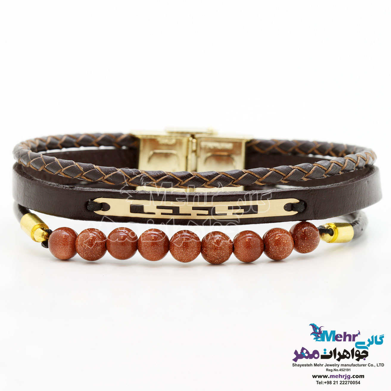 دستبند طلا و چرم - طرح پلکانی