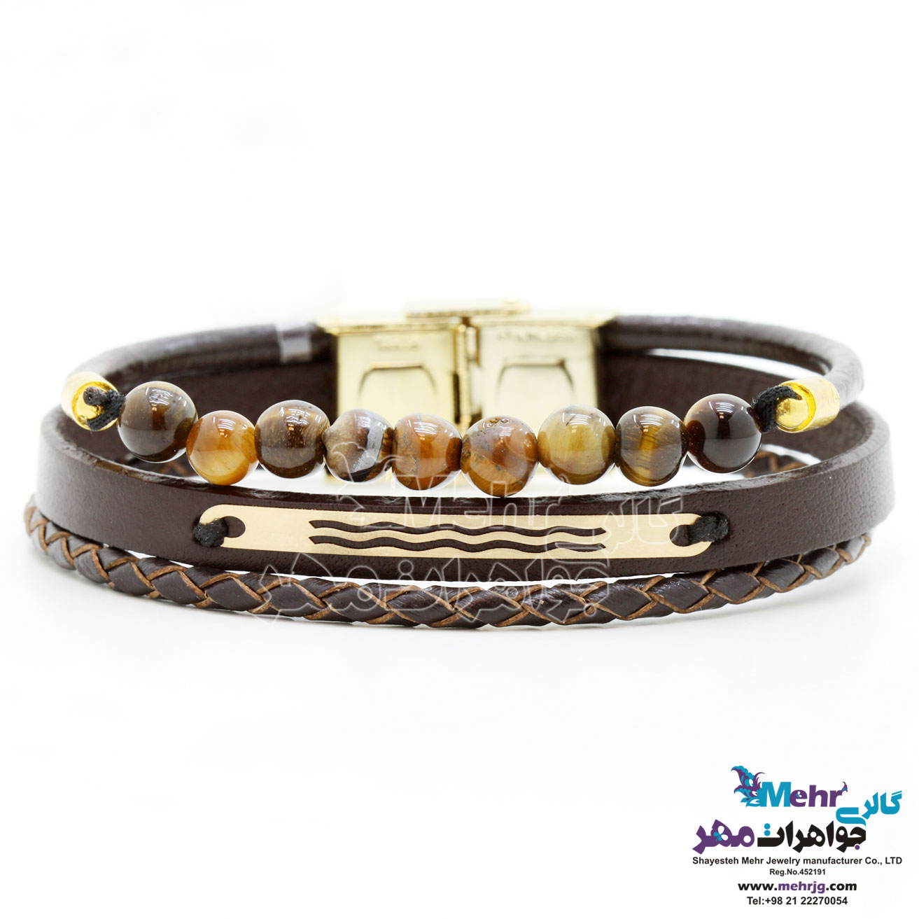 دستبند طلا و چرم - طرح موج