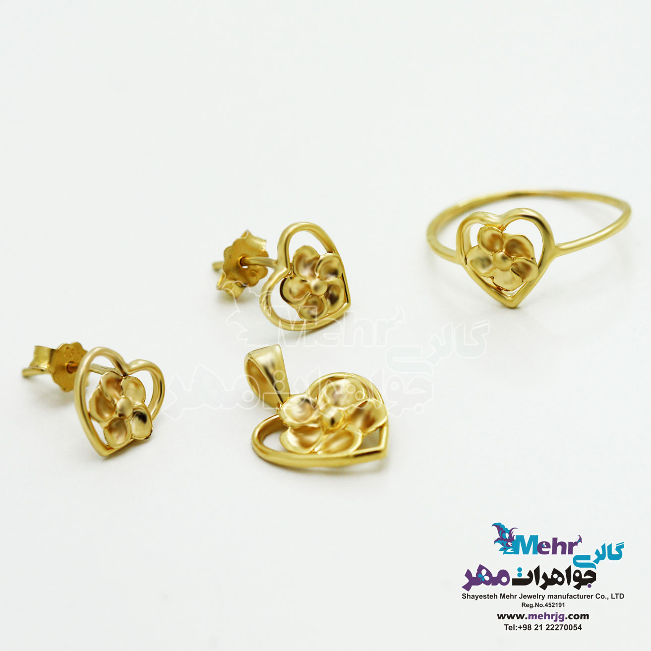 نیم ست طلا - آویز و گوشواره و انگشتر - طرح قلب و گل