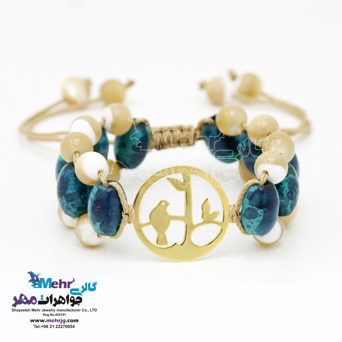 دستبند طلا و سنگ - طرح پرنده و شاخه