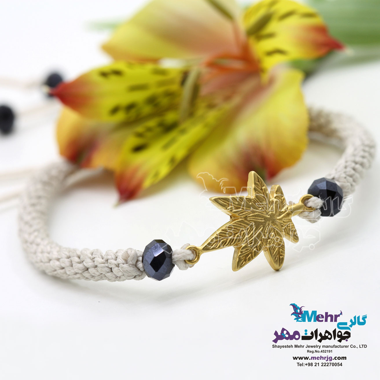 دستبند طلا و بافت - طرح برگ پاییزی