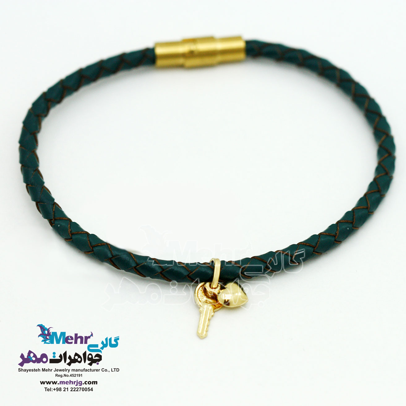 دستبند طلا و چرم - طرح قلب و کلید