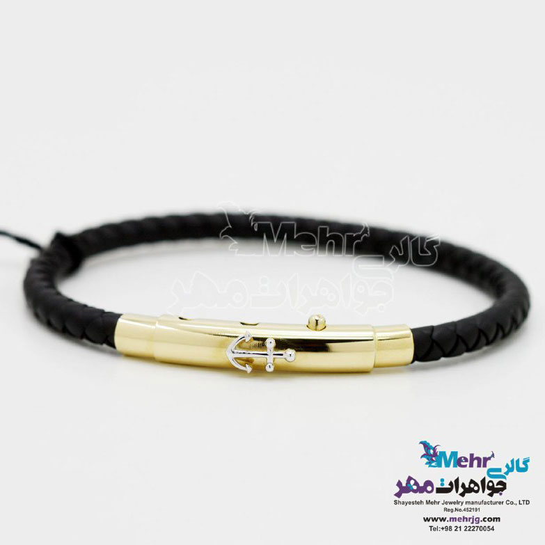 دستبند طلا و چرم - طرح لنگر