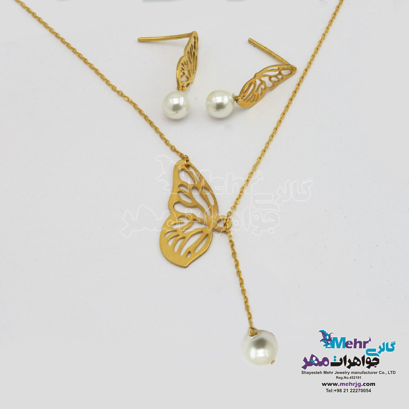 نیمست طلا - گردنبند و گوشواره - طرح بال مروارید نشان