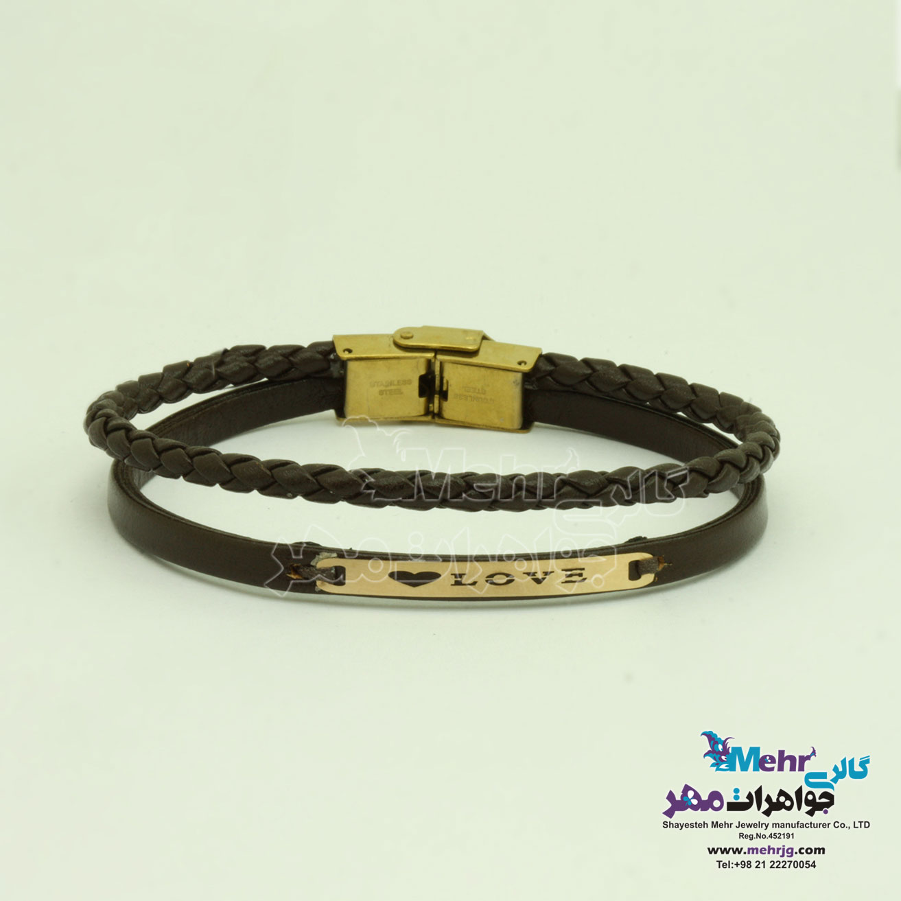 دستبند طلا و چرم - طرح LOVE
