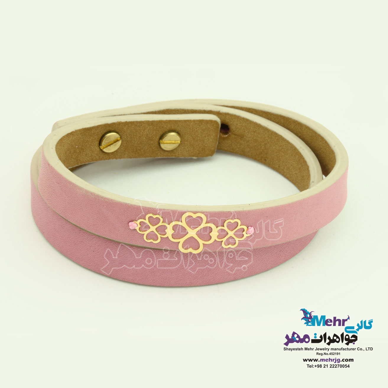 دستبند طلا و چرم - طرح شبدر چهار برگ