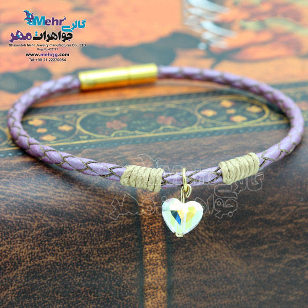 دستبند طلا و چرم - سنگ سواروسکی قلب