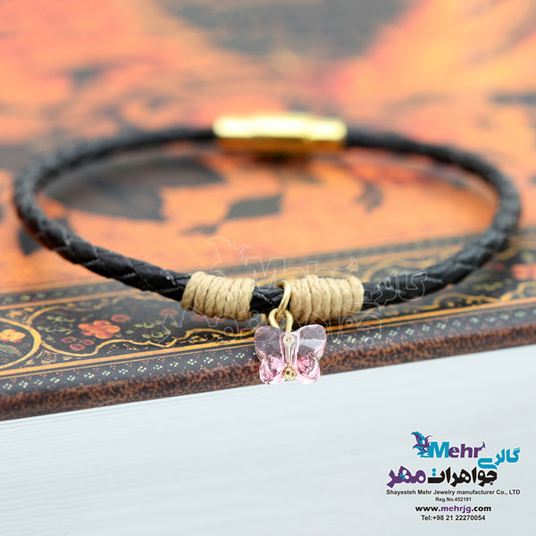 دستبند طلا و چرم - سنگ سواروسکی پروانه