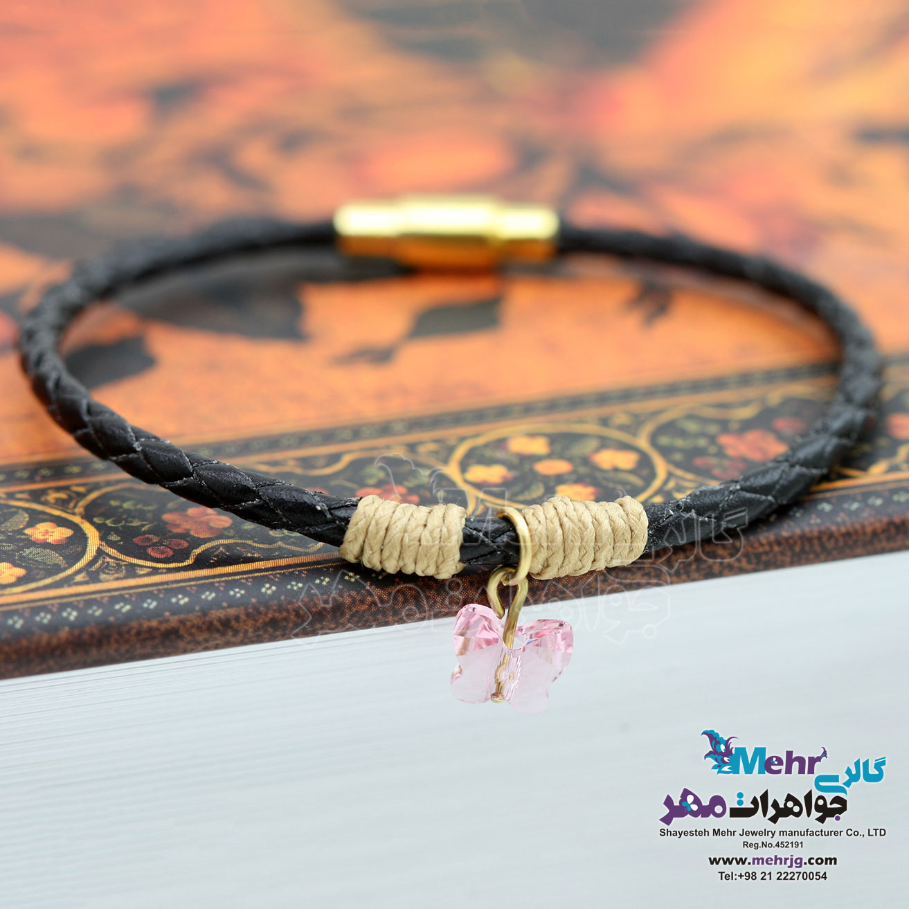 دستبند طلا و چرم - سنگ سواروسکی پروانه