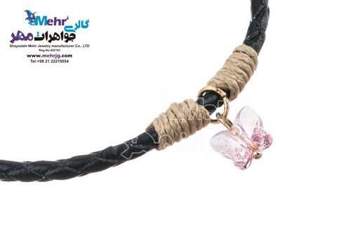 دستبند طلا و چرم - سنگ سواروسکی پروانه