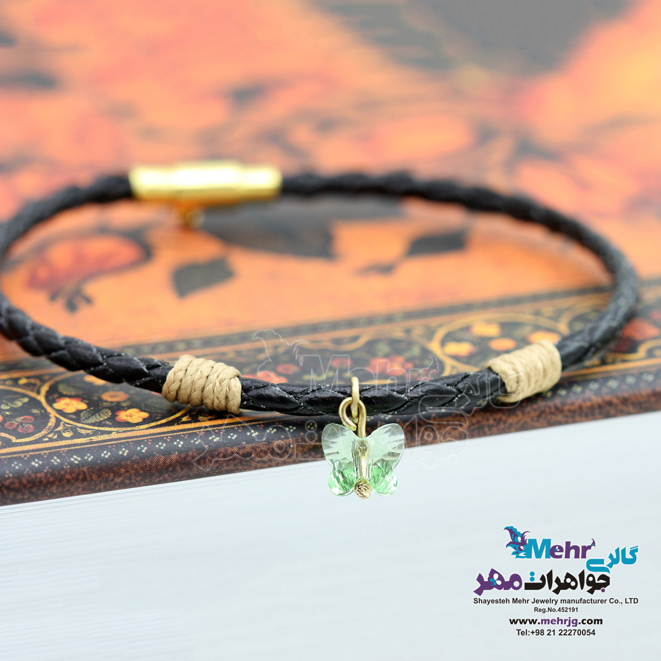 دستبند طلا و چرم - سنگ سواروسکی پروانه