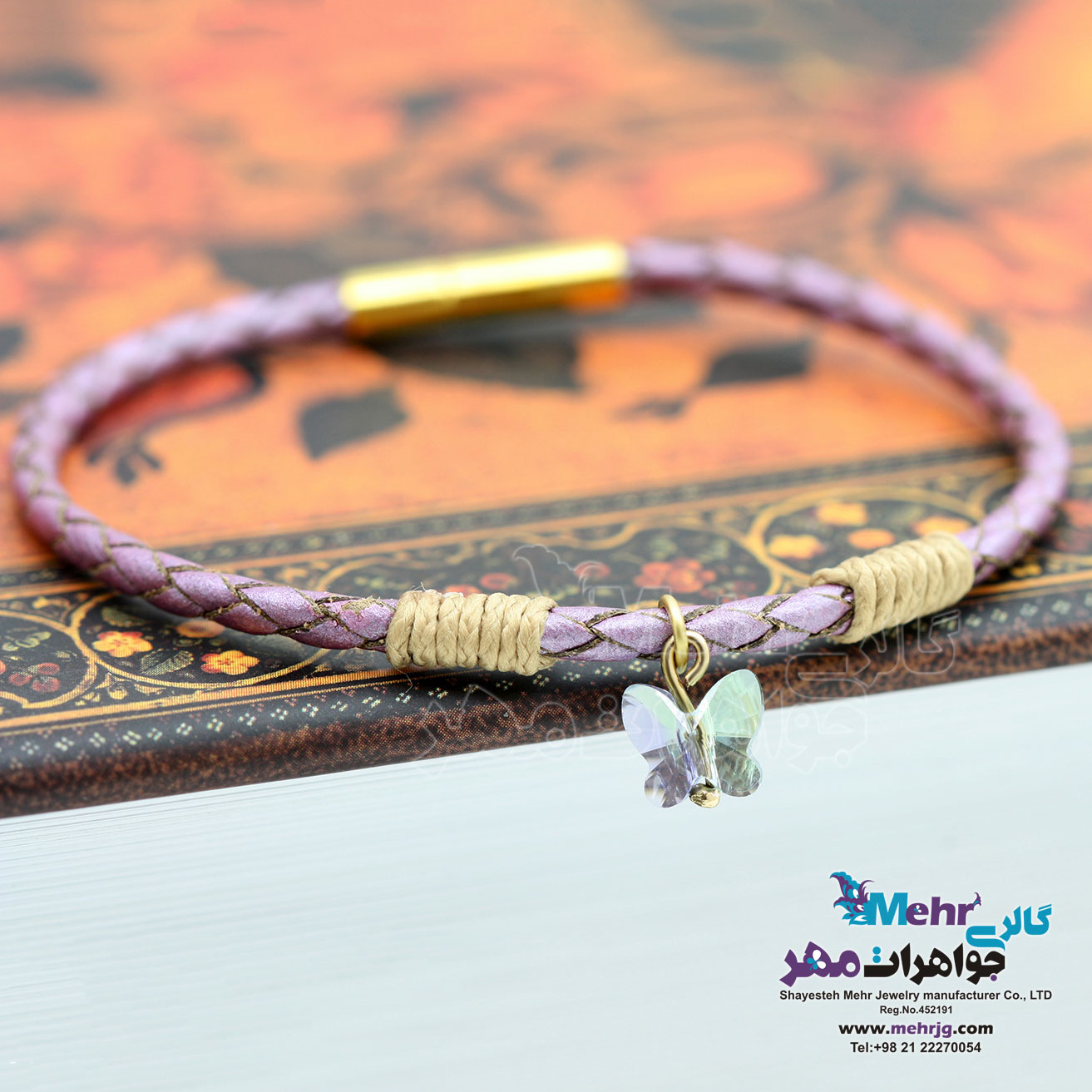دستبند طلا و چرم - سنگ سواروسکی پروانه