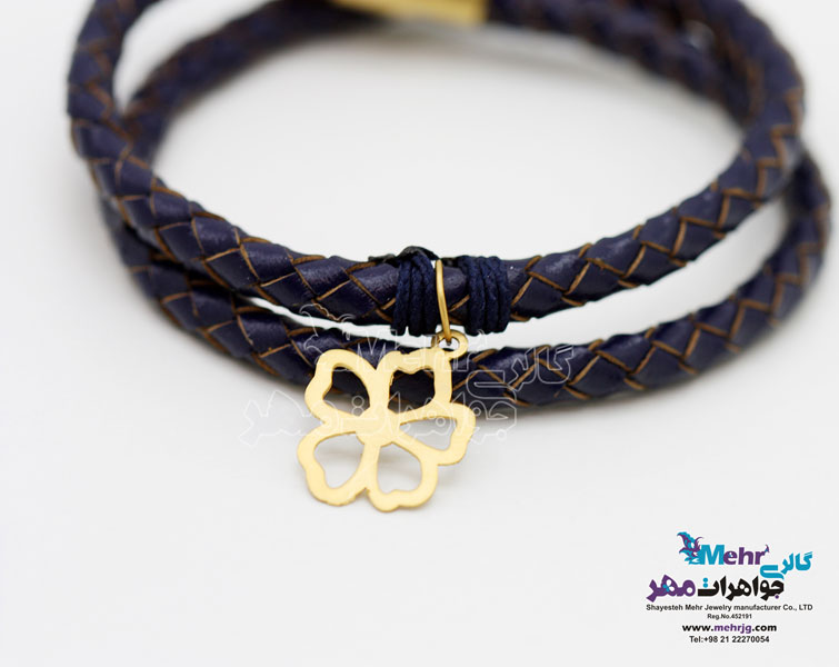 دستبند طلا و چرم - طرح گل پنج پر