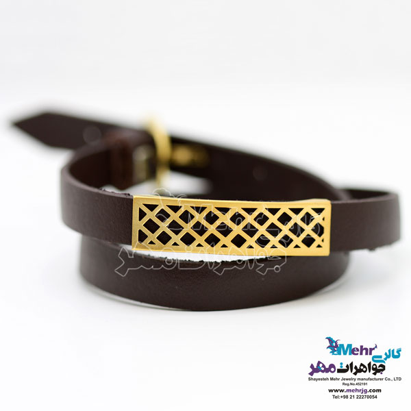 دستبند طلا و چرم - طرح هندسی