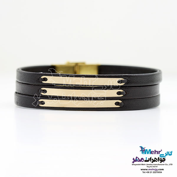 دستبند طلا و چرم - طرح خطوط موازی