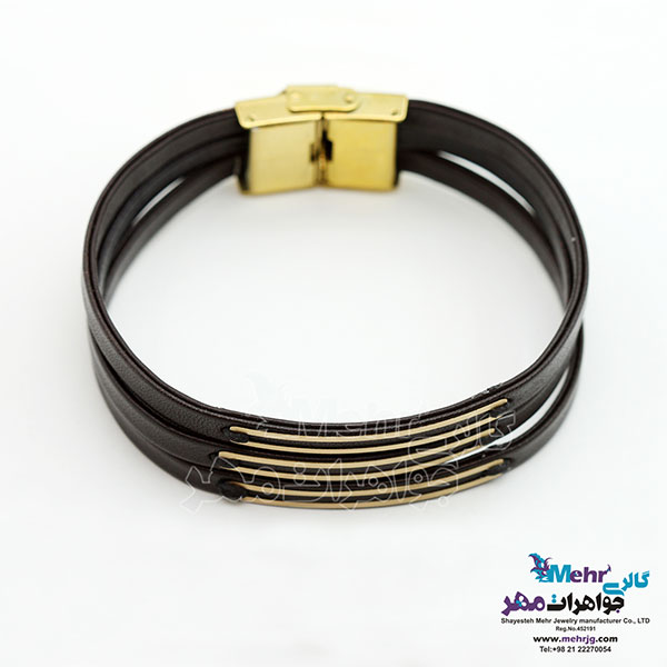 دستبند طلا و چرم - طرح خطوط موازی