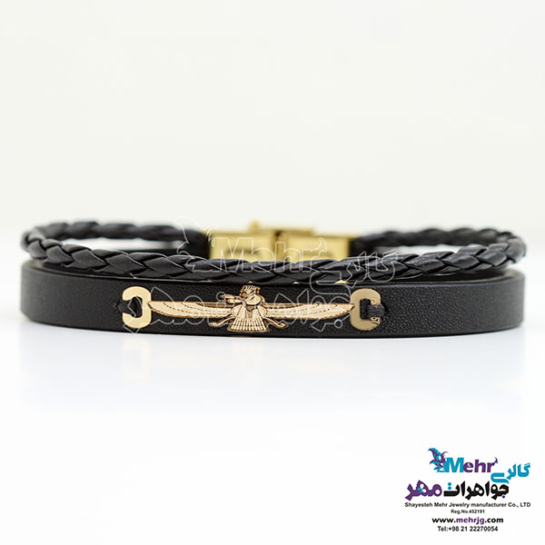 دستبند طلا و چرم - طرح فروهر