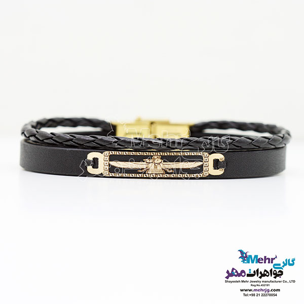 دستبند طلا و چرم - طرح فروهر